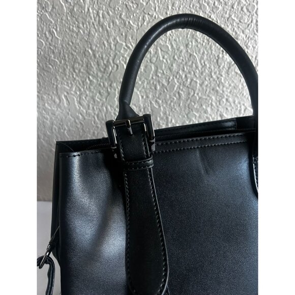 Women Black Faux Leather Satchel Bag With Double Top Handle Zipper Handbag - Picture 6 of 9